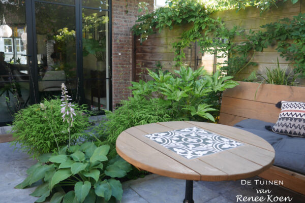 11 De Tuinen van Renee Koen patiotuin border schaduw beplanting hosta fatsia japonica spiegel patio Haarlem